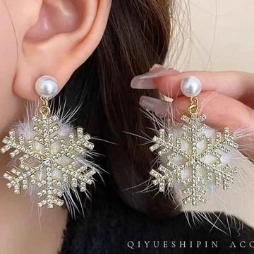 Christmas Snowflake Earrings - Elegant Women's Full Diamond Pearl Plush Design
